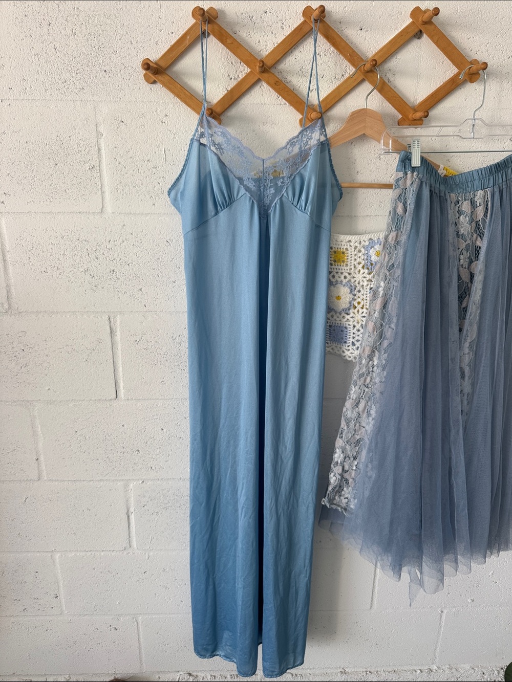 Boho vintage Light Blue Lace-Trim Slip Dress for Women